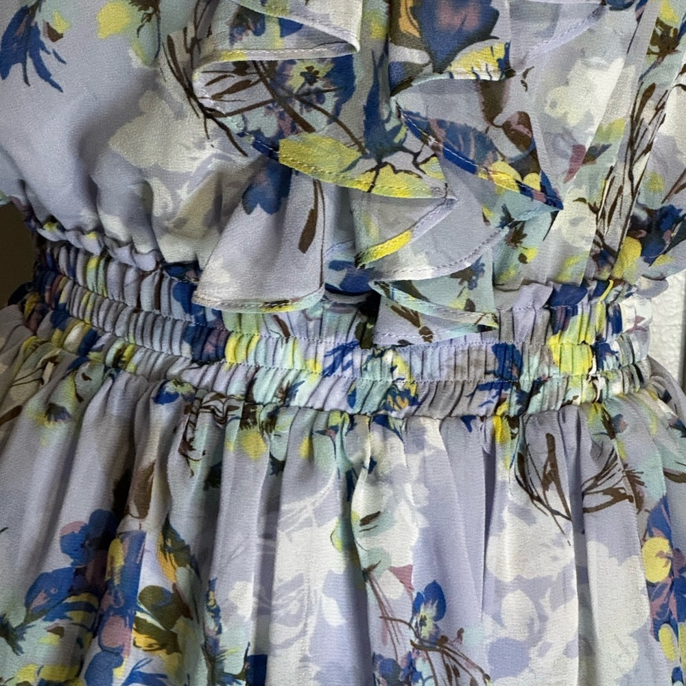 MISA Alona Floral Ruffle Mini Dress Purple Sundress Vacation Party Garden S Trip - Picture 11 of 15